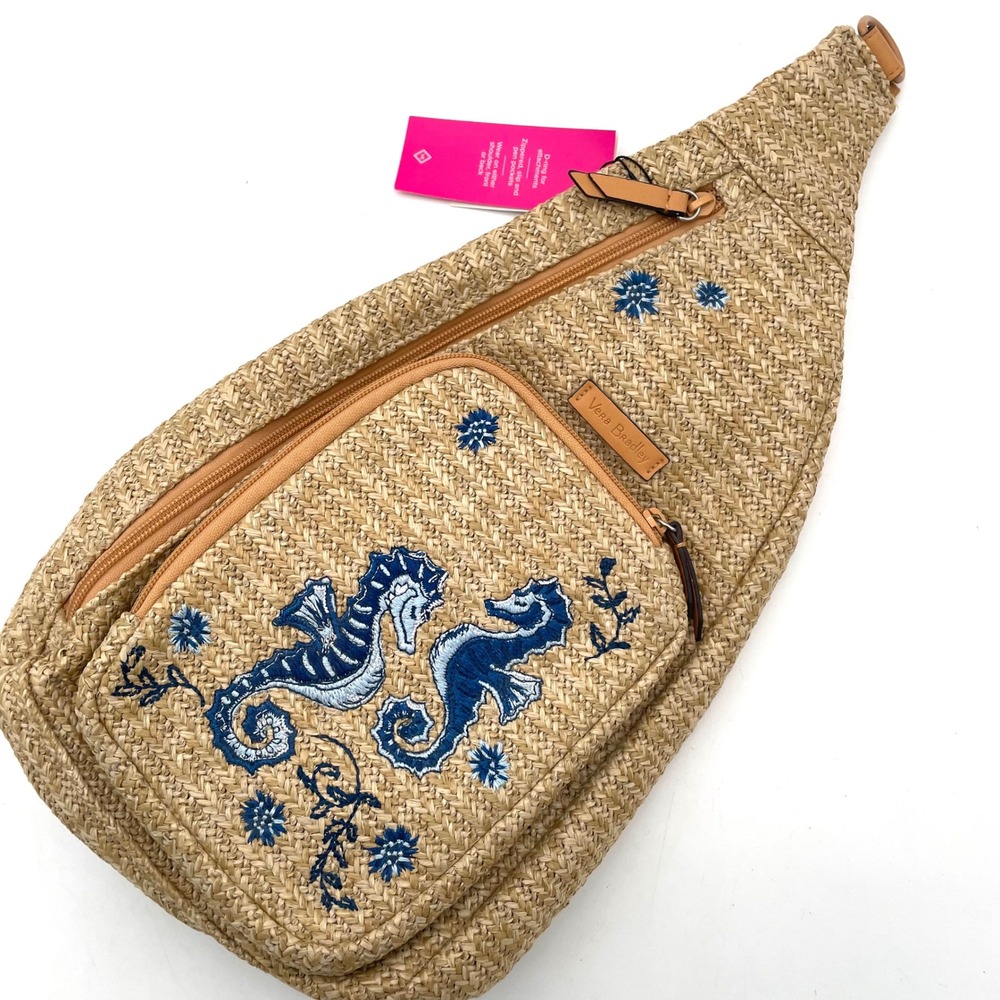Vera Bradley Sling Backpack Women OS Tan NWT Rattan Seahorse Embroidered